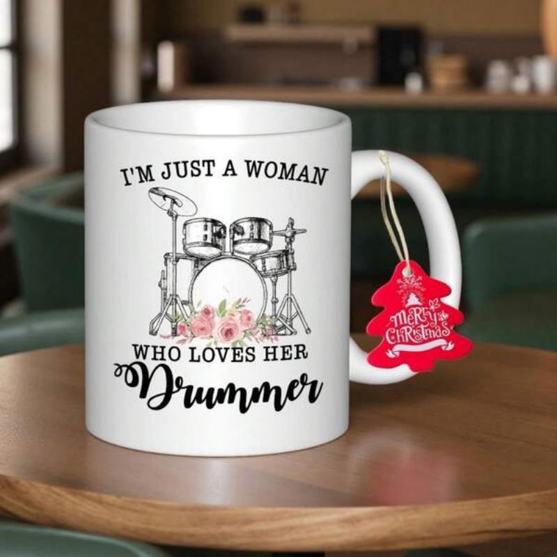 Tailorly White Ceramic 11 oz Mug - Im Just A Woman Who Loves Her Drummer Detailed Percussion Instrument Set Embellished With Elegant Pink Spring Flowers Drum Kit
