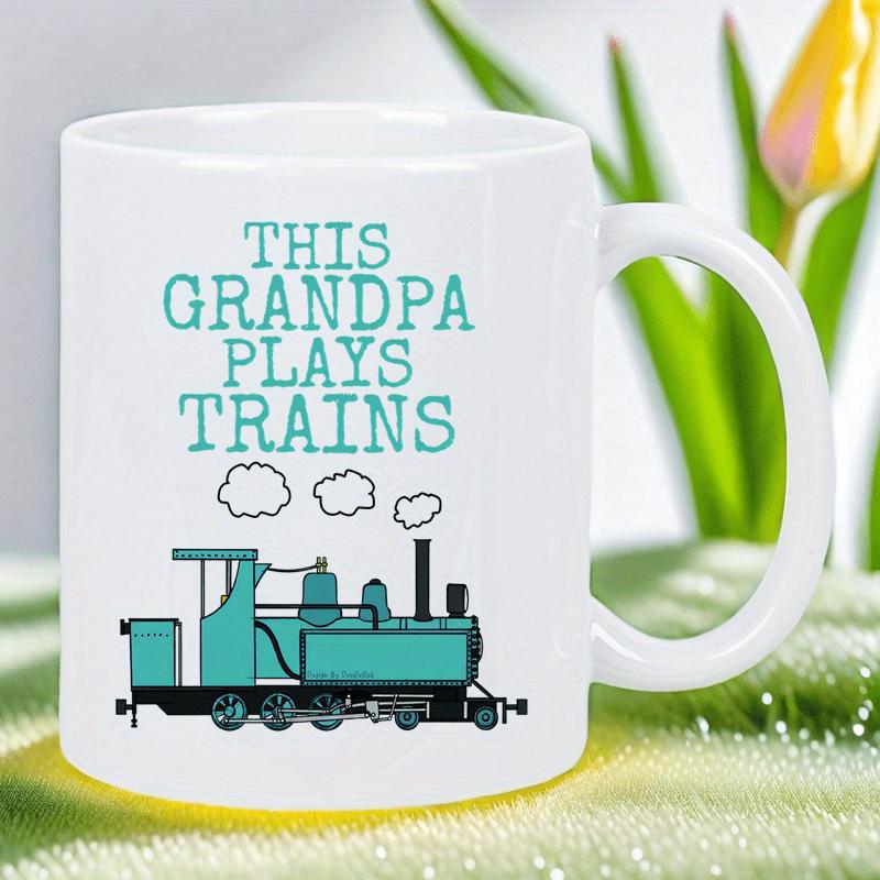 Tailorly White Ceramic 11 oz Mug - This Grandpa Plays Trains Teal Vintage Steam Locomotive Emitting White Puffy Smoke Clouds Moving Forward Train
