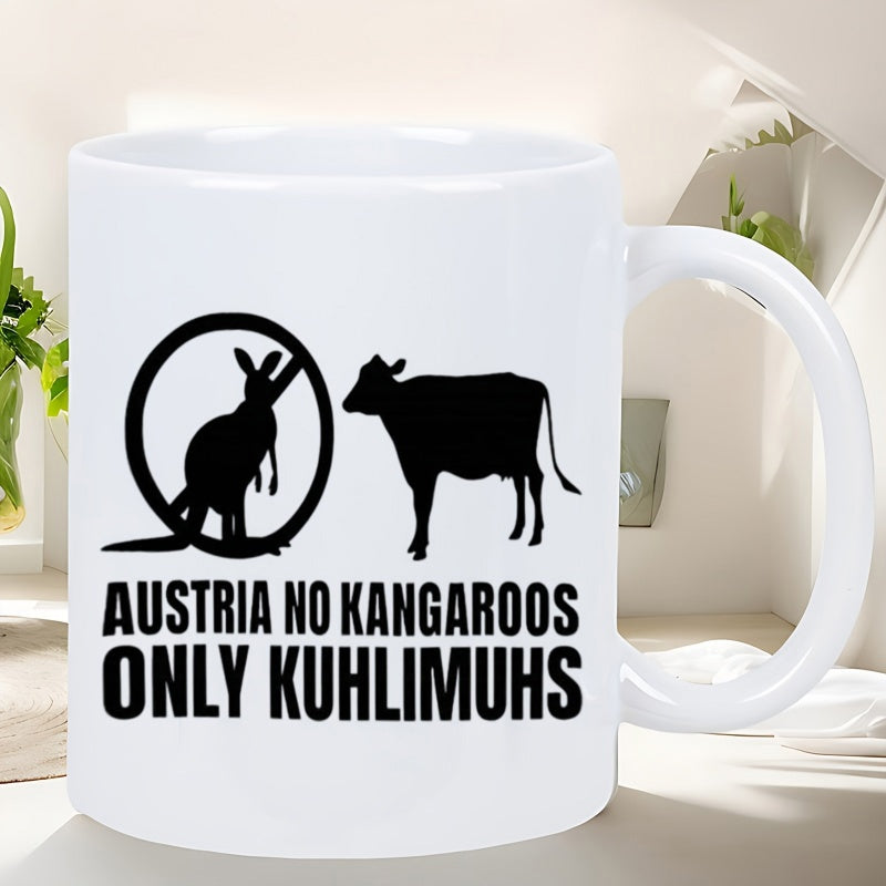 Tailorly White Ceramic 11 oz Mug - Austria No Kangaroos Only Kuhlimuhs Minimalist Black Animal Silhouettes Featuring A Prohibited Kangaroo Beside A Standing Cow
