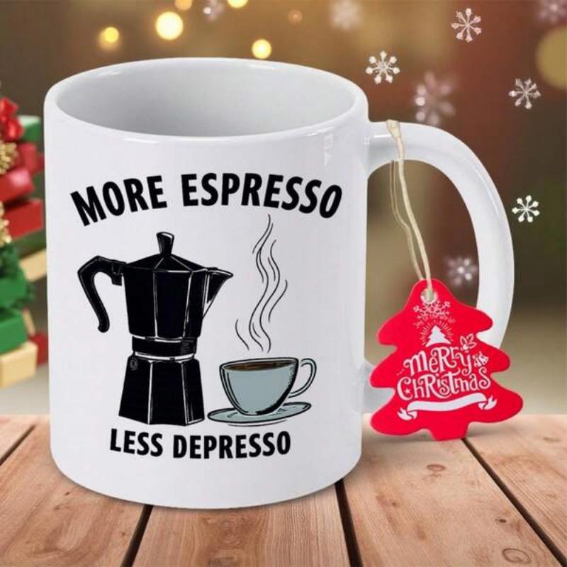 Tailorly White Ceramic 11 oz Mug - More Espresso Less Depresso Classic Black Moka Pot And Steaming Cup On A Saucer Mug