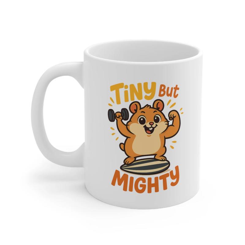 Tailorly White Ceramic 11 oz Mug - Tiny But Mighty Strong Little Weightlifting Animal Standing On Large Sunflower Seed Hamster