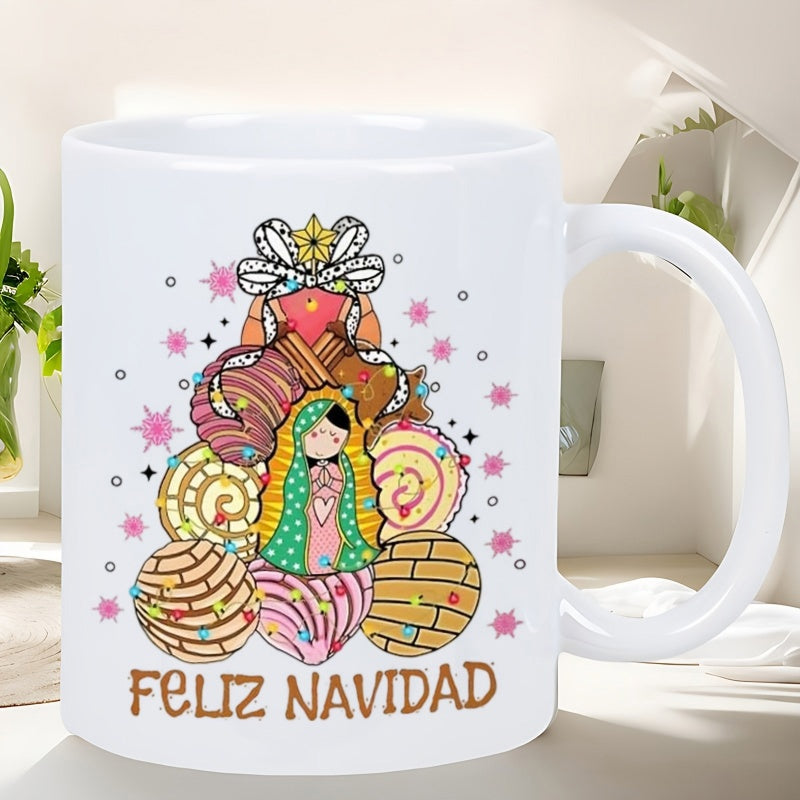 Tailorly White Ceramic 11 oz Mug - Stylized Religious Lady Among Colorful Mexican Sweet Bread And Pink Sparkles Virgin