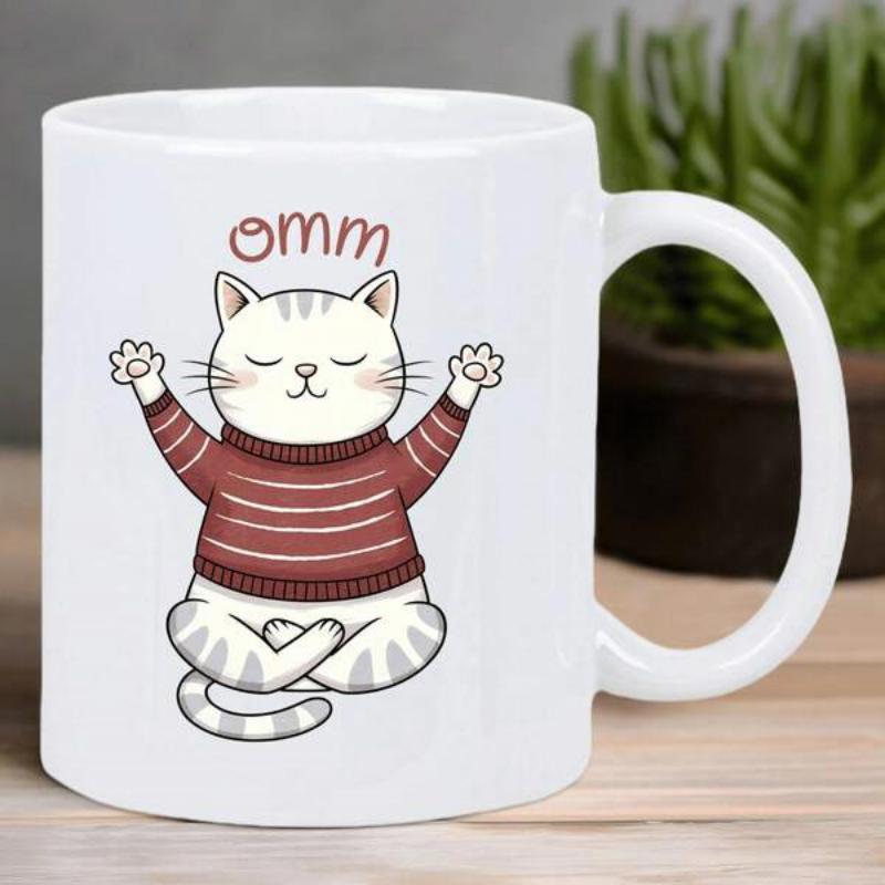 Tailorly White Ceramic 11 oz Mug - Omm Serene Tabby In Striped Sweater Doing Peaceful Yoga Meditation Cat