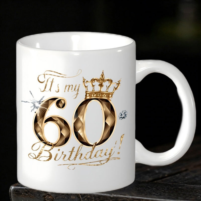 Tailorly White Ceramic 11 oz Mug - Its My 60 Birthday Elegant Golden Crown Resting On Textured Diamond Patterned Milestone Sixty Mug