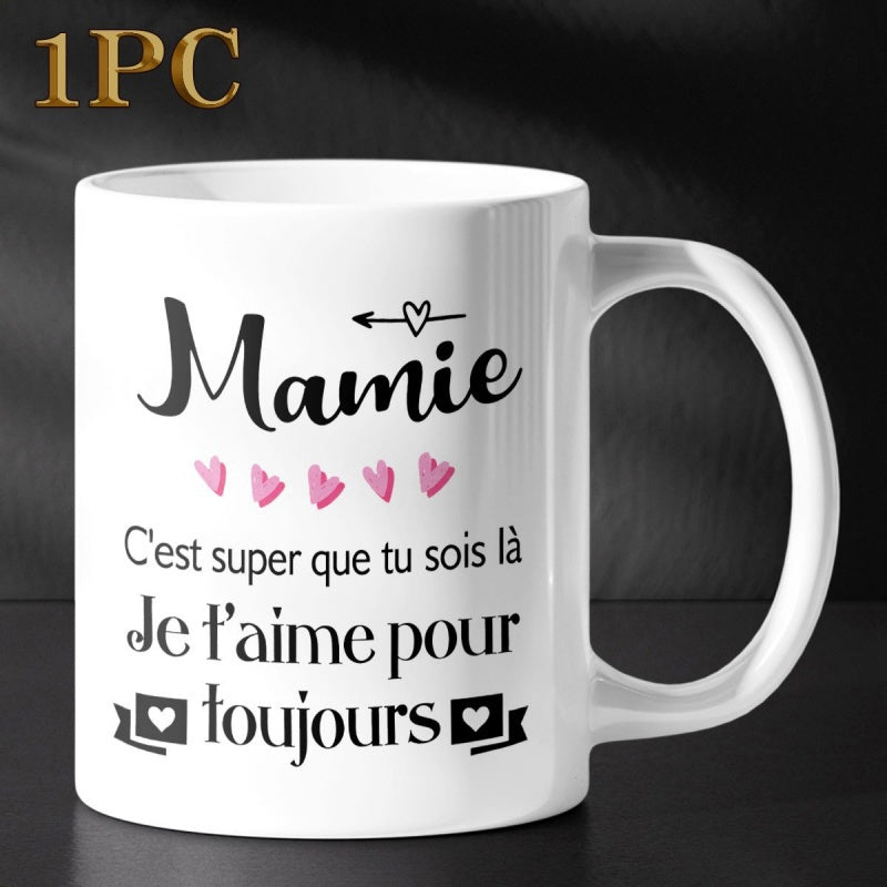 Tailorly White Ceramic 11 oz Mug - Graceful Pink Hearts With Elegant Script Surrounded By Loving Sentiments Heart