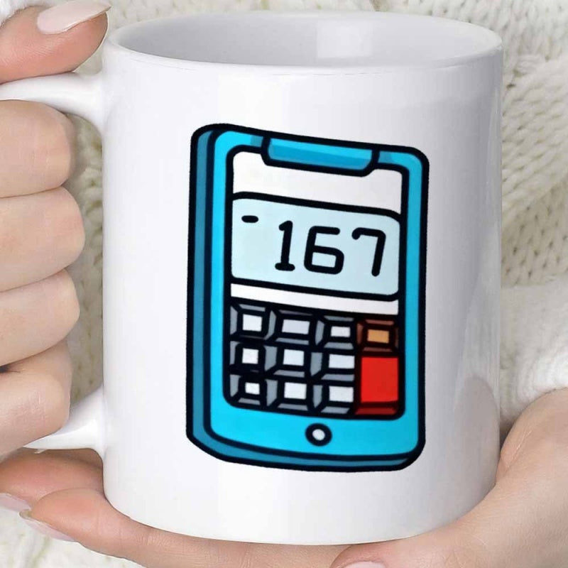 Tailorly White Ceramic 11 oz Mug - Playful Blue Cartoon Device Featuring Digital Screen And Colorful Buttons Calculator