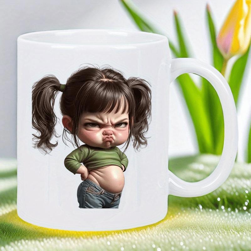Tailorly White Ceramic 11 oz Mug - Angry Expression With Cute Pigtails And A Large Round Belly Girl
