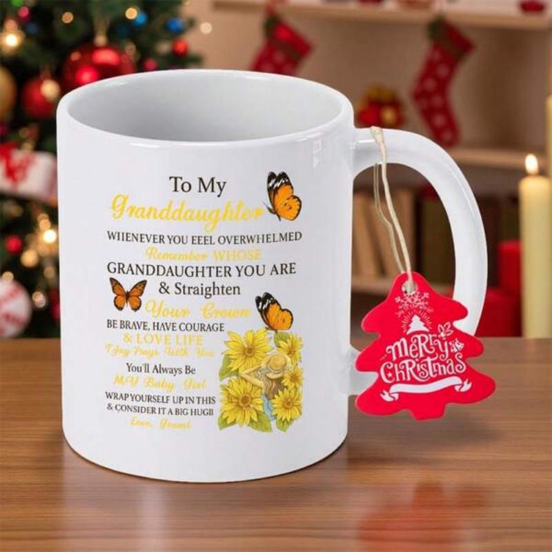 Tailorly White Ceramic 11 oz Mug - To My Granddaughter Vibrant Yellow Sunflowers Surrounded By Delicate Fluttering Monarch Butterflies In Sunlight Sunflower