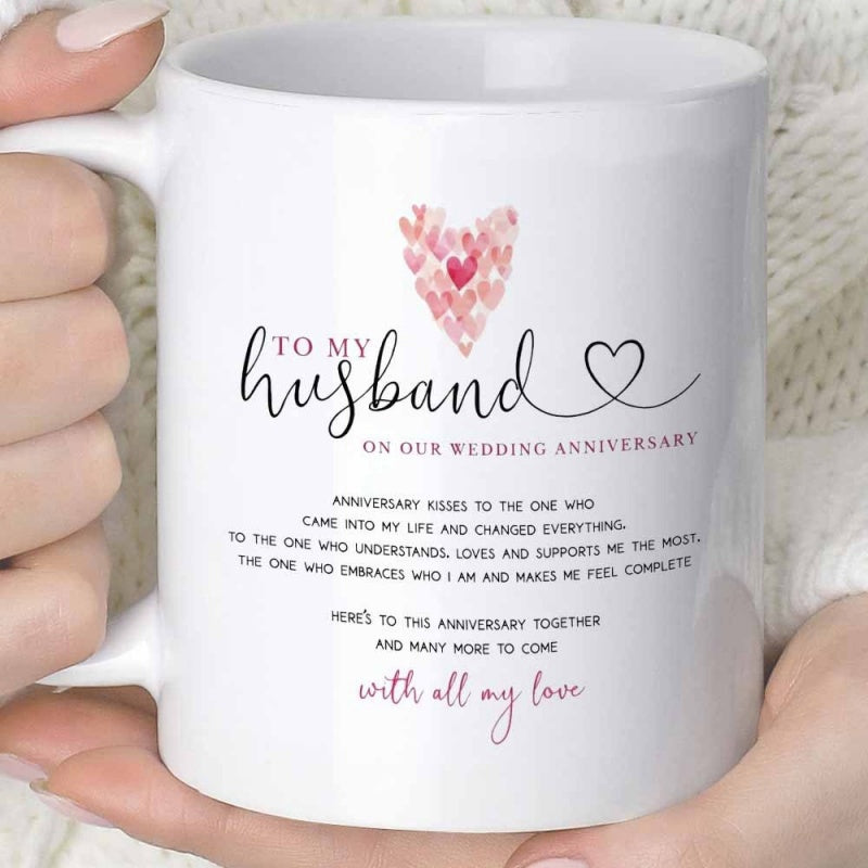 Tailorly White Ceramic 11 oz Mug - To My Husband On Our Wedding Anniversary With All My Love Soft Pink Watercolor Hearts Formed Into A Large Romantic Symbolic