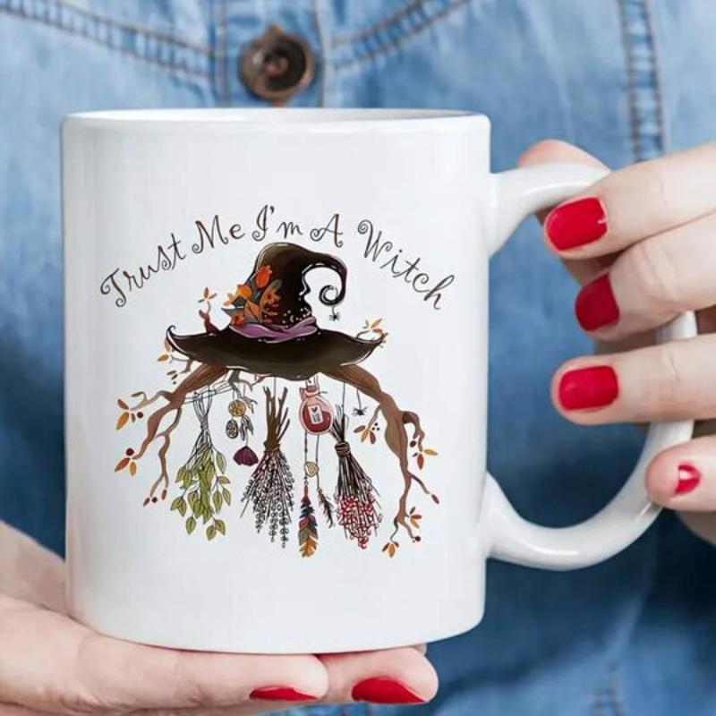 Tailorly White Ceramic 11 oz Mug - Trust Me Im A Witch Rustic Branch With Hanging Dried Herbs Under A Pointed Hat
