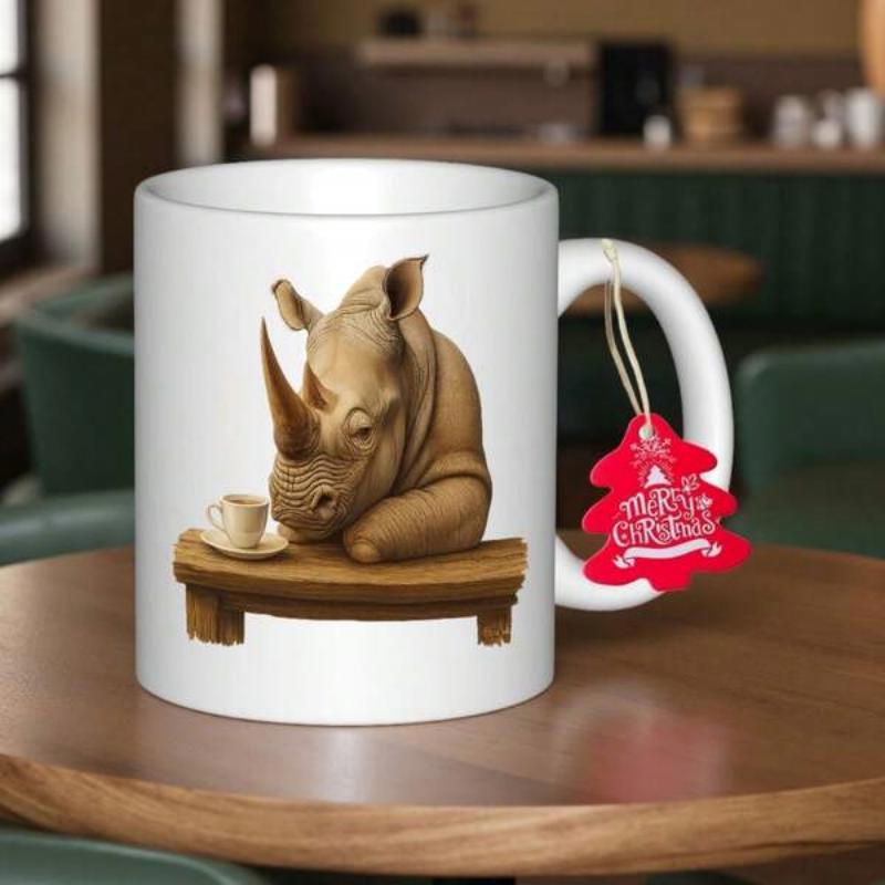 Tailorly White Ceramic 11 oz Mug - Merry Christmas Majestic Wild Animal Resting Peacefully Beside A Small Steaming Coffee Rhinoceros