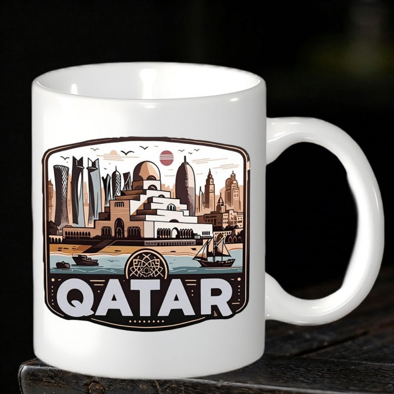 Tailorly White Ceramic 11 oz Mug - Qatar Artistic Museum Building With Traditional Sailing Dhow Among Coastal City Architecture