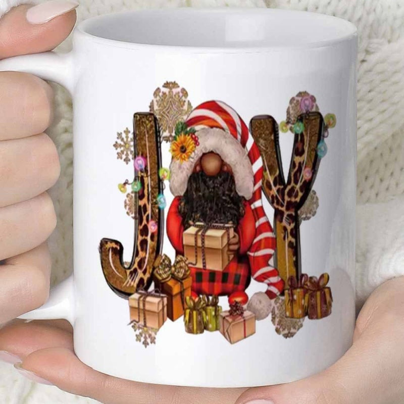Tailorly White Ceramic 11 oz Mug - Joy Festive Holiday Plaid Pattern Wearing Striped Hat And Holding Wrapped Present Gnome