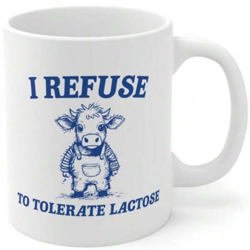 Tailorly White Ceramic 11 oz Mug - I Refuse To Tolerate Lactose Hand Drawn Sketch Style Baby Cow Wearing Overalls Standing On Ground Cow