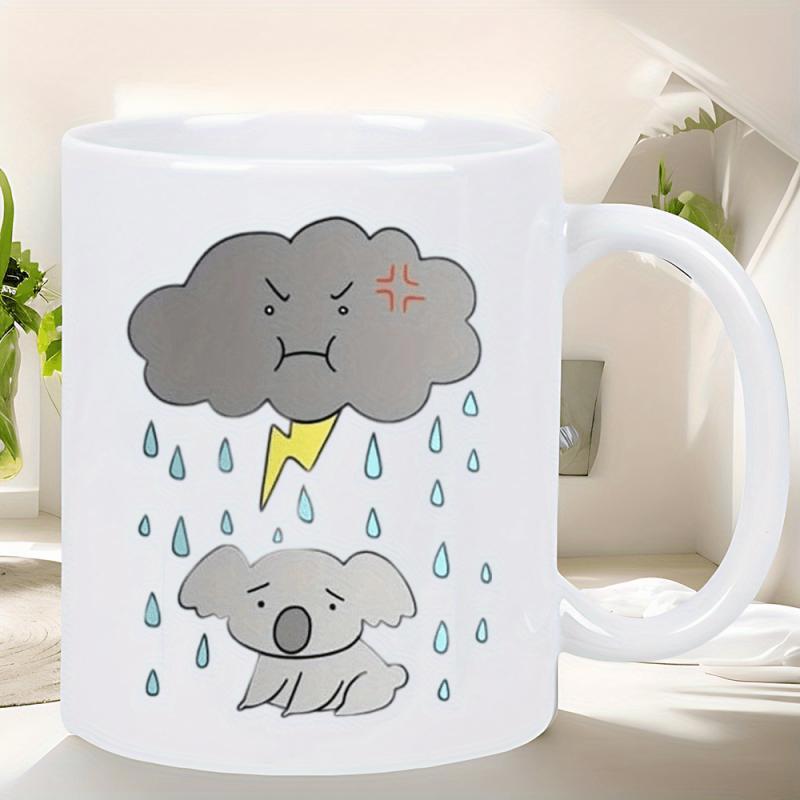Tailorly White Ceramic 11 oz Mug - Angry Storm Cloud With Lightning Casting Rain Over A Sad Sitting Koala