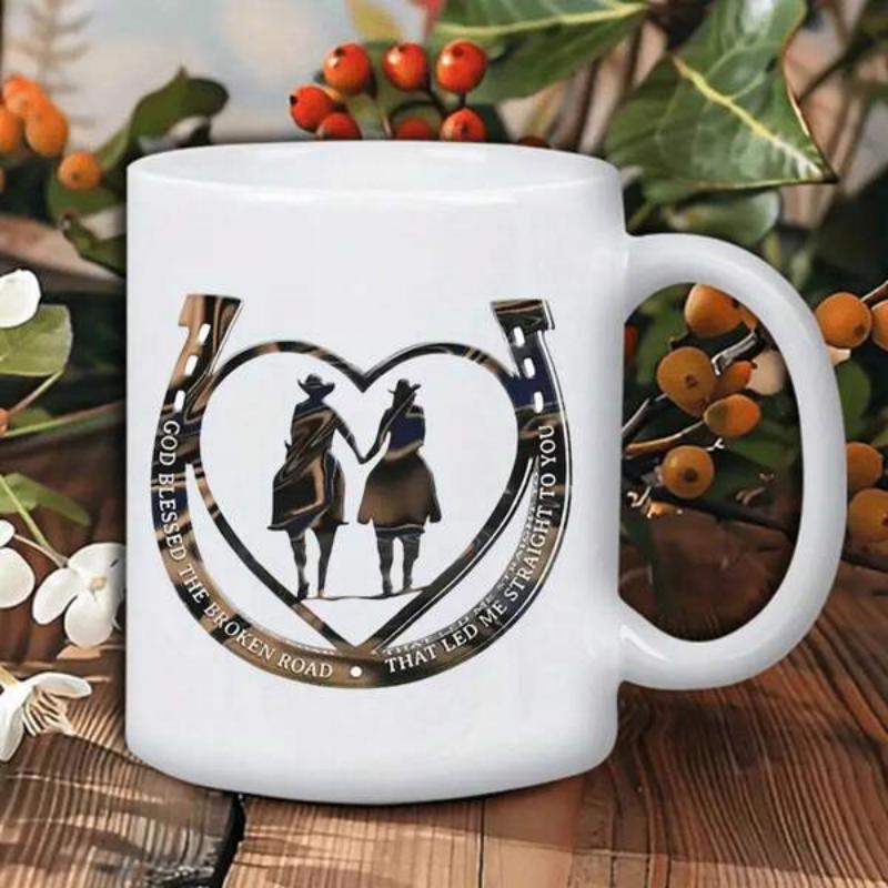 Tailorly White Ceramic 11 oz Mug - God Blessed The Road That Led Me Straight To You Rustic Horseshoe Surrounding Heart With Couple Riding Horses On Country Trail