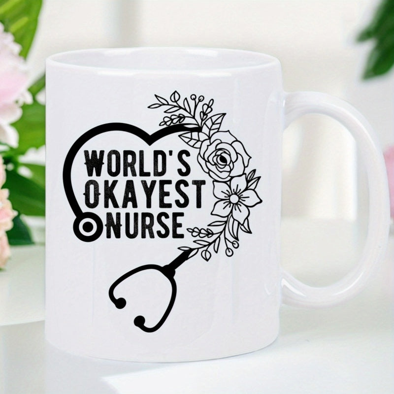 Tailorly White Ceramic 11 oz Mug - Worlds Okayest Nurse Heart Shaped Stethoscope Surrounded By Detailed Blooming Floral Vines And Leaves Stethoscope