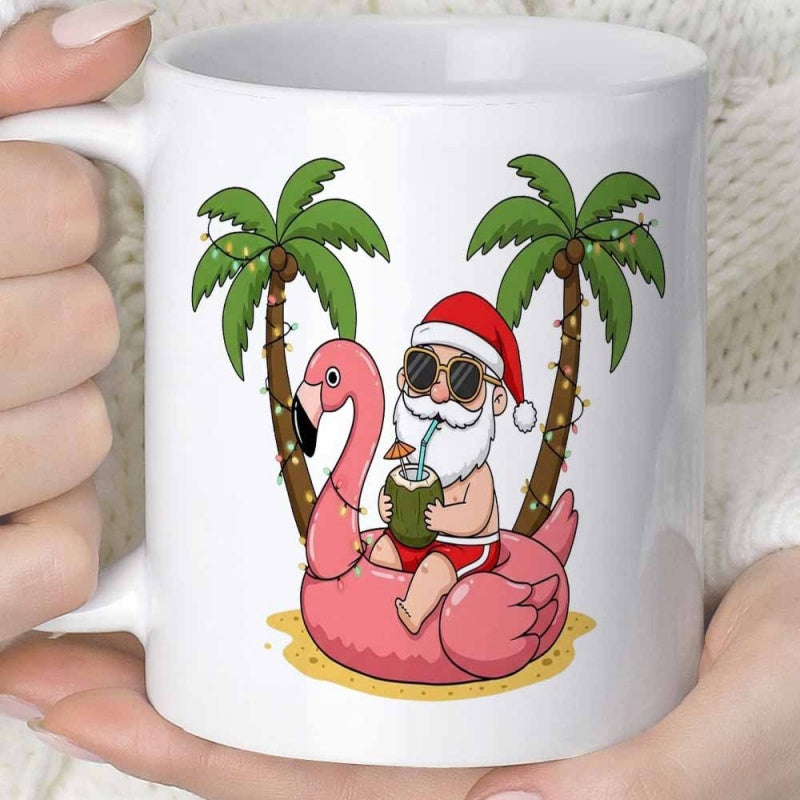 Tailorly White Ceramic 11 oz Mug - Tropical Summer Vacation Theme Riding A Pink Flamingo Santa