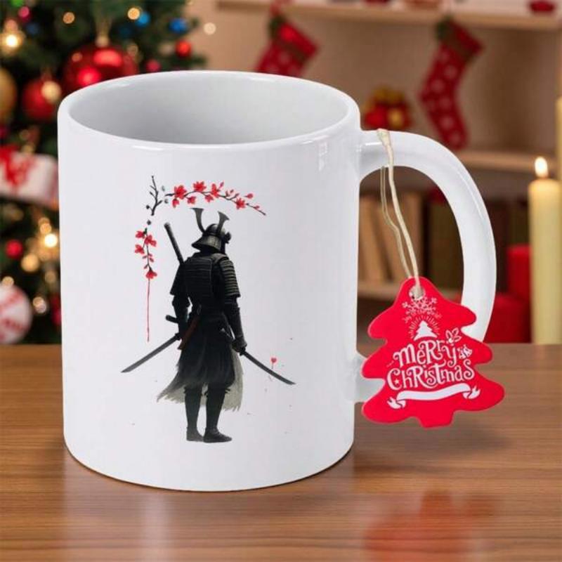 Tailorly White Ceramic 11 oz Mug - Silhouette Standing Under Red Cherry Blossom Branch Holding Dual Katana Swords Samurai
