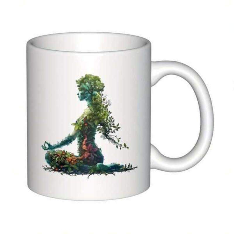 Tailorly White Ceramic 11 oz Mug - Lush Green Leaves And Vines Forming A Serene Zen Meditating Woman