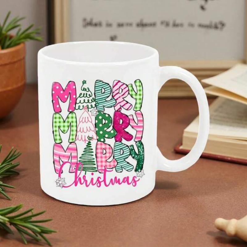Tailorly White Ceramic 11 oz Mug - Merry Merry Merry Christmas Vibrant Festive Letters With Pink Green Patterns And Charming Decorative Trees Sign