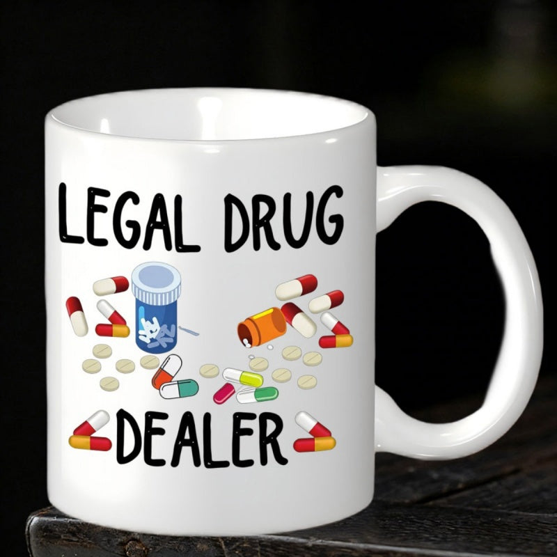 Tailorly White Ceramic 11 oz Mug - Legal Drug Dealer Various Colorful Medical Capsules Scattered Around Professional Prescription Bottles Capsule