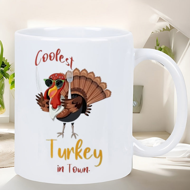 Tailorly White Ceramic 11 oz Mug - Coolest Turkey In Town Cartoon Brown Bird Wearing Black Sunglasses Holding A Silver Metal Spoon Turkey