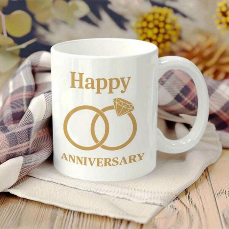 Tailorly White Ceramic 11 oz Mug - Happy Anniversary Golden Interlocking Wedding Rings With A Radiant Diamond Symbolizing Eternal Love Ring