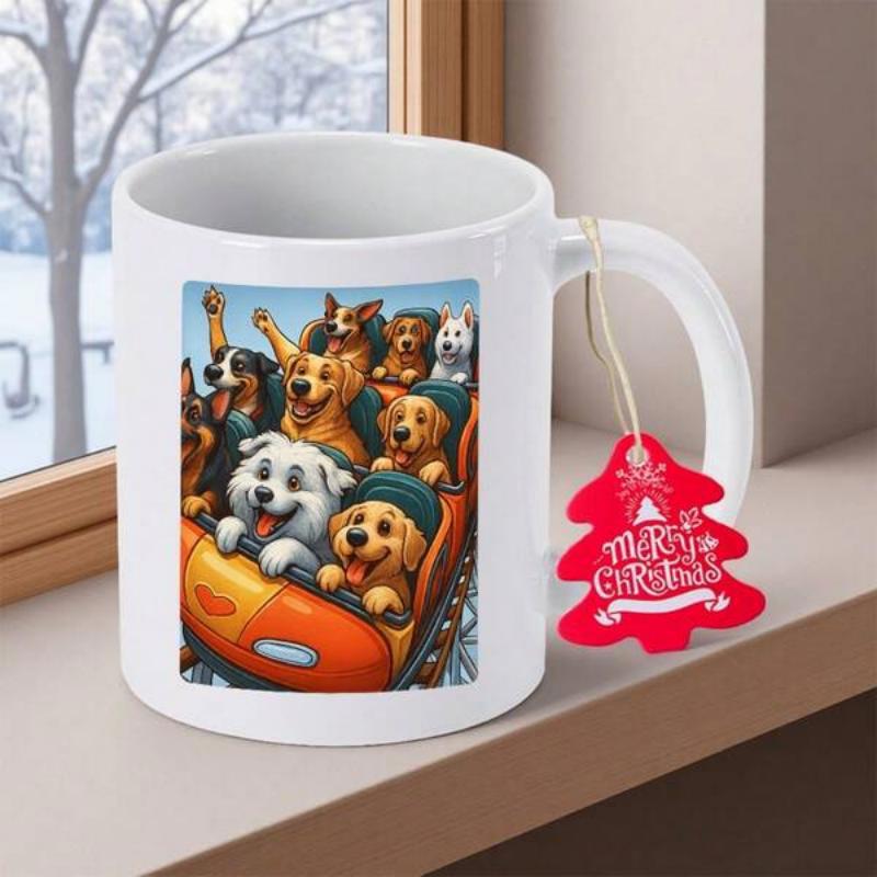 Tailorly White Ceramic 11 oz Mug - Merry Christmas Exciting Roller Coaster Ride Featuring A Group Of Happy Puppies Dogs