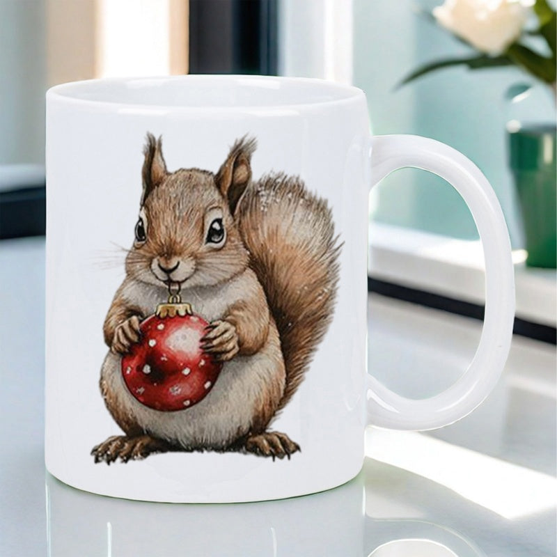 Tailorly White Ceramic 11 oz Mug - Cute Fluffy Woodland Animal Holding A Red Festive Christmas Bauble Squirrel