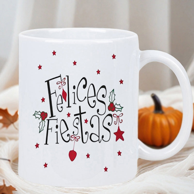 Tailorly White Ceramic 11 oz Mug - Festive Holiday Decoration Featuring Red Stars And Green Holly Leaf Pattern Mug