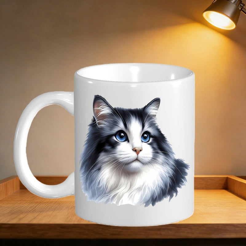 Tailorly White Ceramic 11 oz Mug - Majestic Long Haired Feline With Striking Blue Eyes And Fluffy Fur Cat