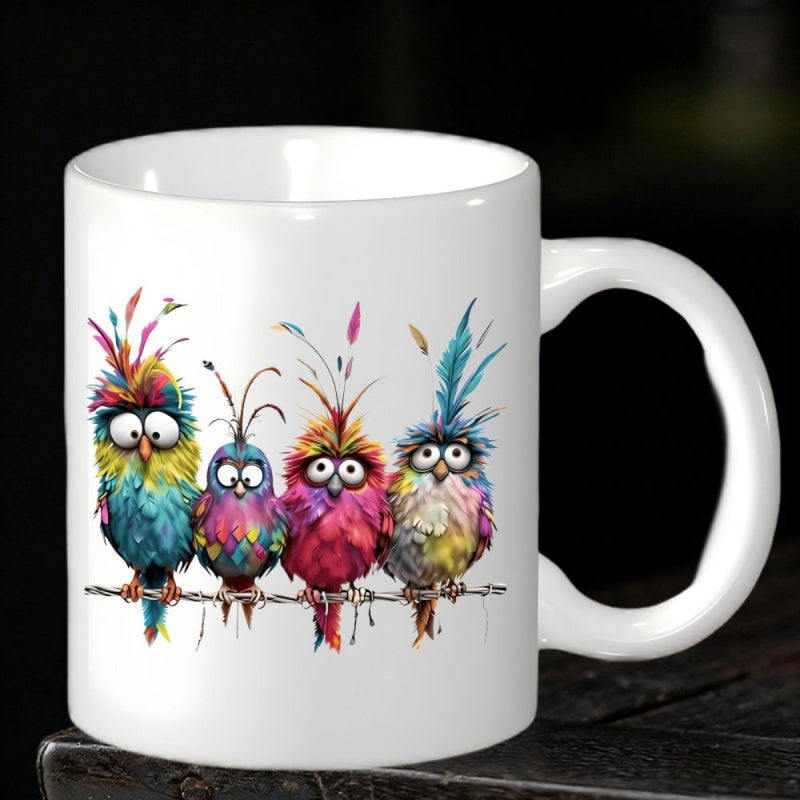 Tailorly White Ceramic 11 oz Mug - Vibrant Colorful Fluffy Artistic Feathered Creatures Perched Along A Rustic Wire Birds