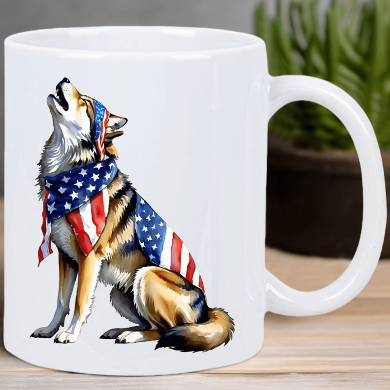 Tailorly White Ceramic 11 oz Mug - Majestic Patriotic Howling Animal Draped In Stars And Stripes American Flag Wolf