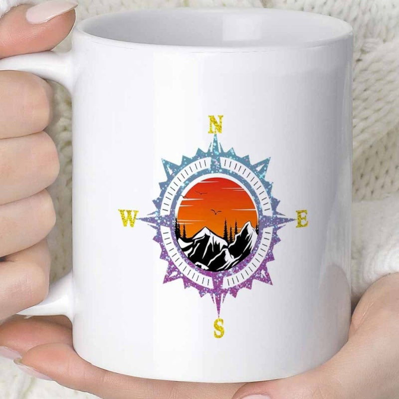 Tailorly White Ceramic 11 oz Mug - N E S W Sunset Over Snowy Mountains And Forest Inside Colorful Vintage Maritime Compass