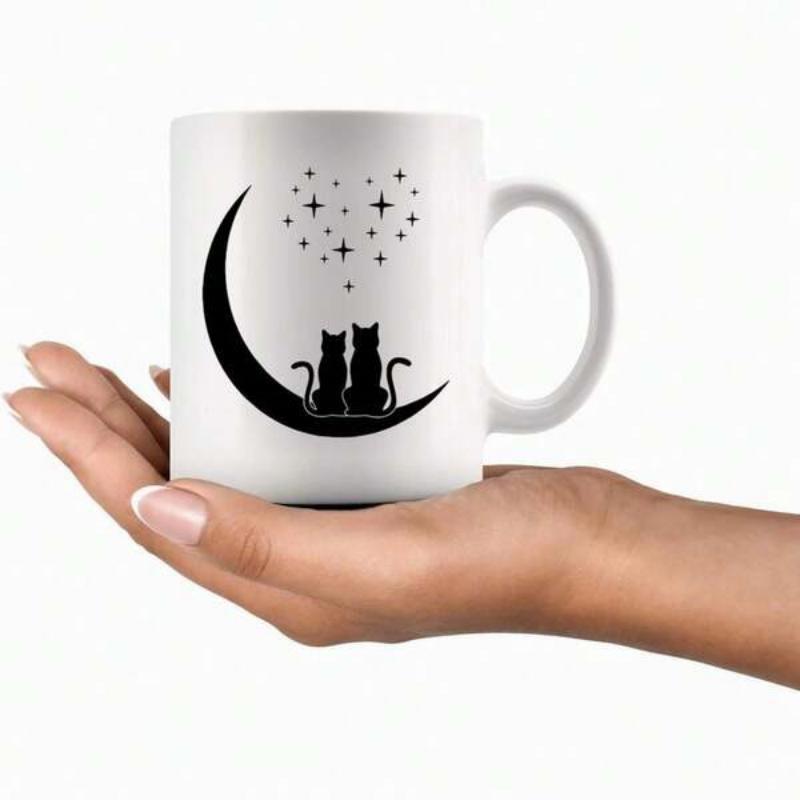 Tailorly White Ceramic 11 oz Mug - Two Cats Sitting Together On Crescent Moon Beneath Heart Shape Stars Cat