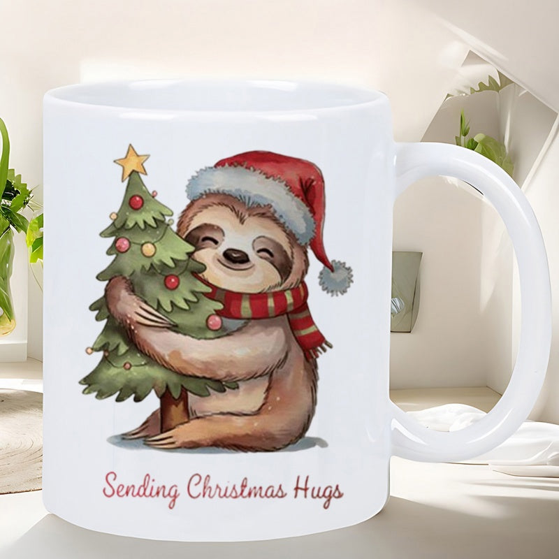 Tailorly White Ceramic 11 oz Mug - Sending Christmas Hugs Adorable Festive Sloth Wearing Santa Hat Hugging Decorated Tree Sloth