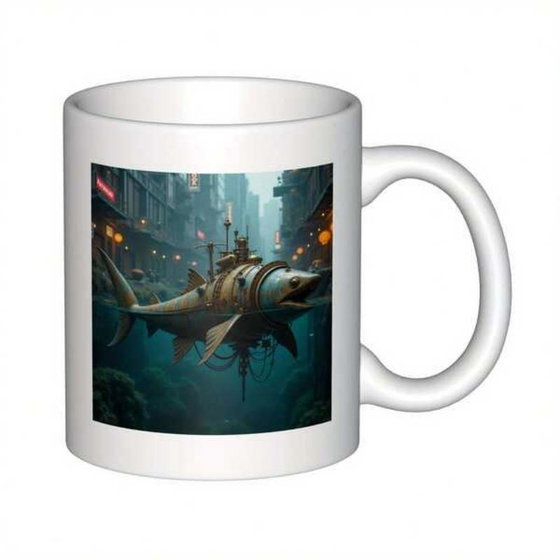 Tailorly White Ceramic 11 oz Mug - Mechanical Steampunk Creature Swimming Through A Sunken Flooded Urban Street Shark
