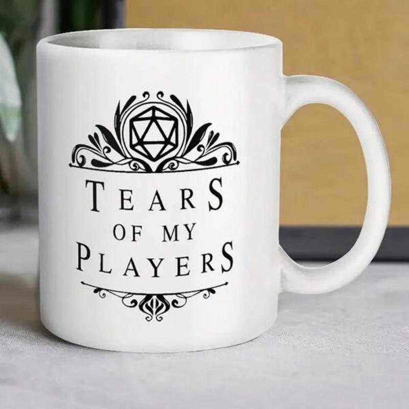Tailorly White Ceramic 11 oz Mug - Tears Of My Players Ornate Decorative Scrollwork Framing A Geometric Twenty Sided Polyhedral Gaming Die