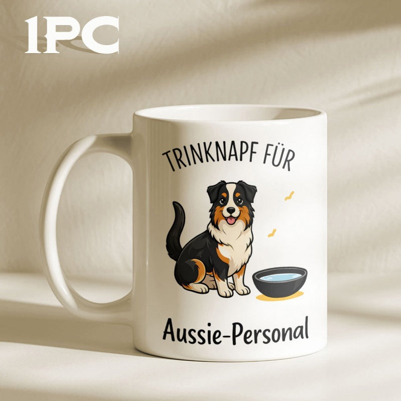 Tailorly White Ceramic 11 oz Mug - Adorable Australian Shepherd Sitting Beside A Small Water Bowl Contented Dog