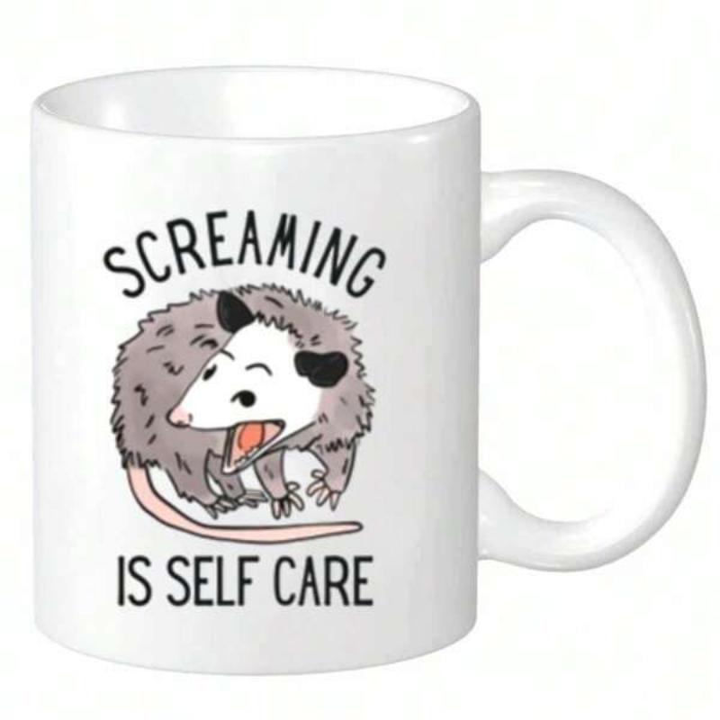 Tailorly White Ceramic 11 oz Mug - Screaming Is Self Care Hand Drawn Cartoon Character With Open Mouth Screaming Opossum