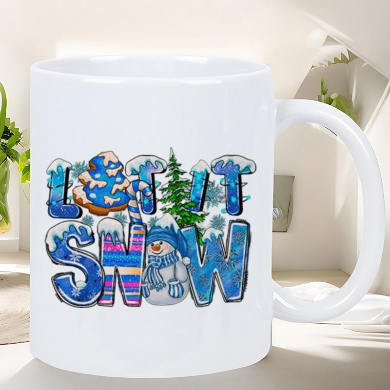 Tailorly White Ceramic 11 oz Mug - Let It Snow Cute Snowman Standing Beside A Pine Tree Among Snowy Blue Letters Snowman