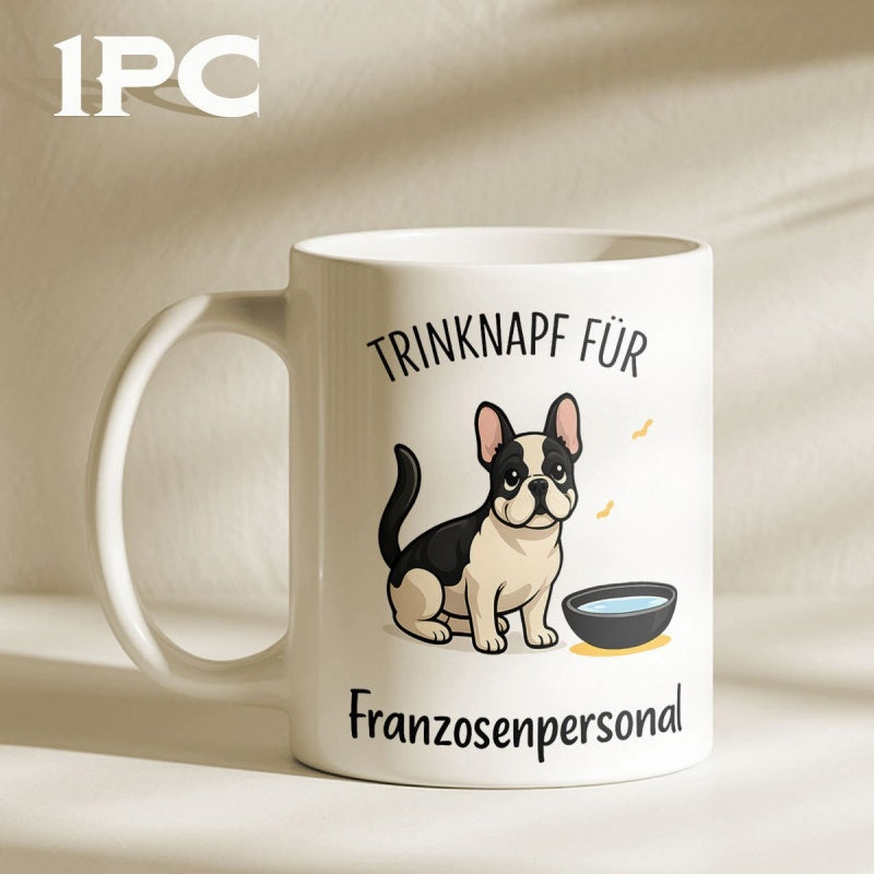 Tailorly White Ceramic 11 oz Mug - Adorable Cartoon French Bulldog Sitting Beside A Small Blue Water Bowl Dog