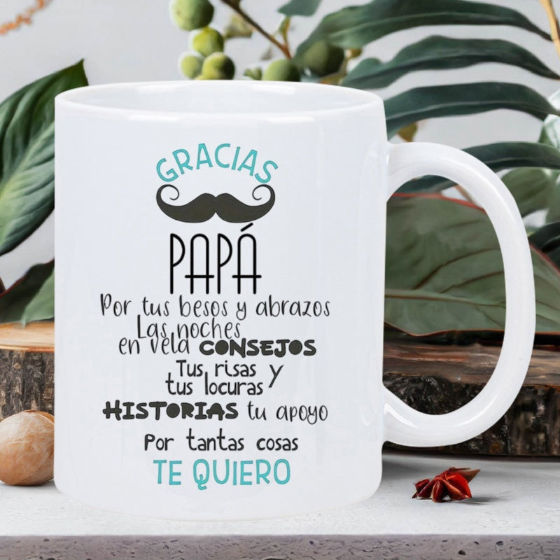Tailorly White Ceramic 11 oz Mug - Classic Black Handlebar Mustache Featuring Sentimental Spanish Quotes Across