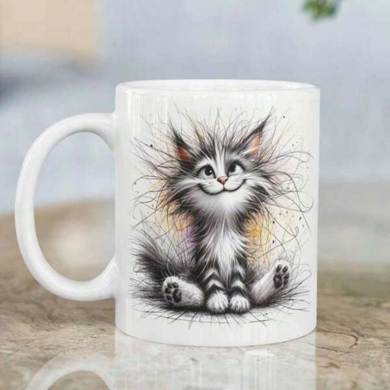 Tailorly White Ceramic 11 oz Mug - Fluffy Messy Fur Goofy Smile Sitting Sketch Style Adorable Cat