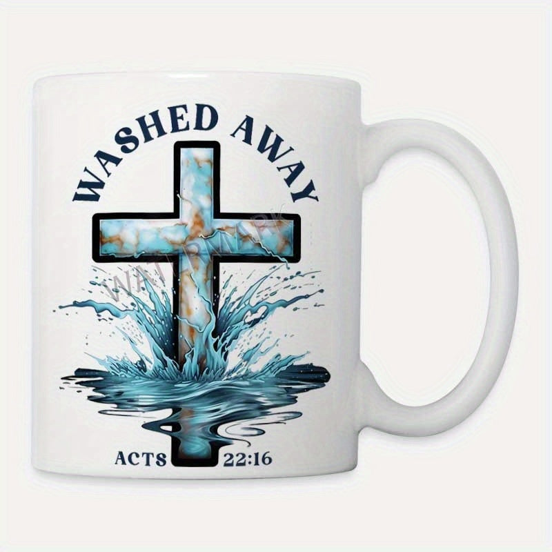 Tailorly White Ceramic 11 oz Mug - Washed Away Acts 22 16 Marble Textured Religious Symbol Emerging From Splashing Blue Ripples Sacred Cross