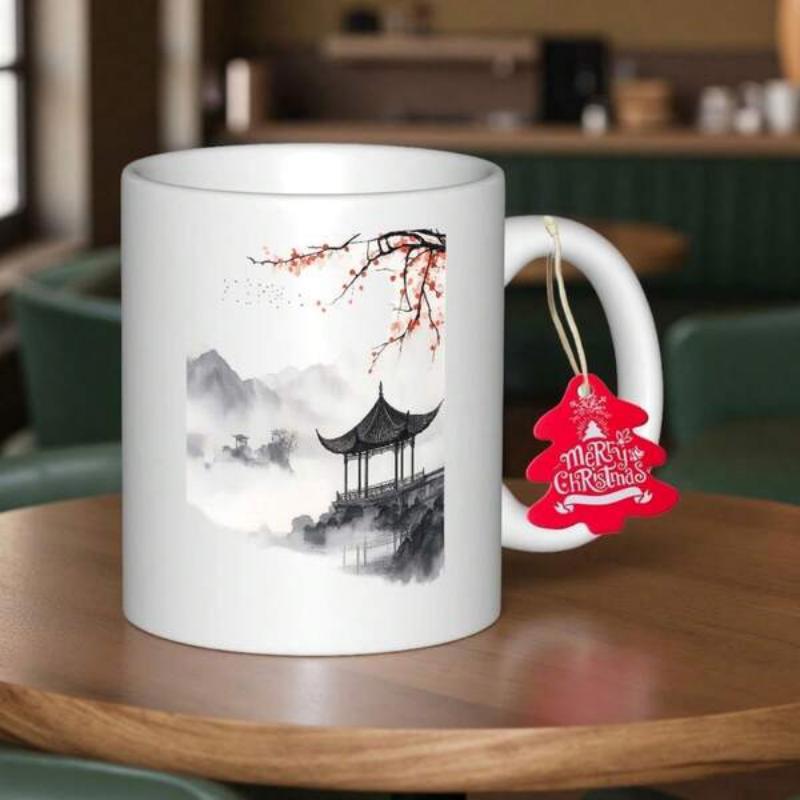 Tailorly White Ceramic 11 oz Mug - Merry Christmas Ink Wash Style Oriental Pavilion Among Misty Mountains And Blooming Cherry Branch Pagoda