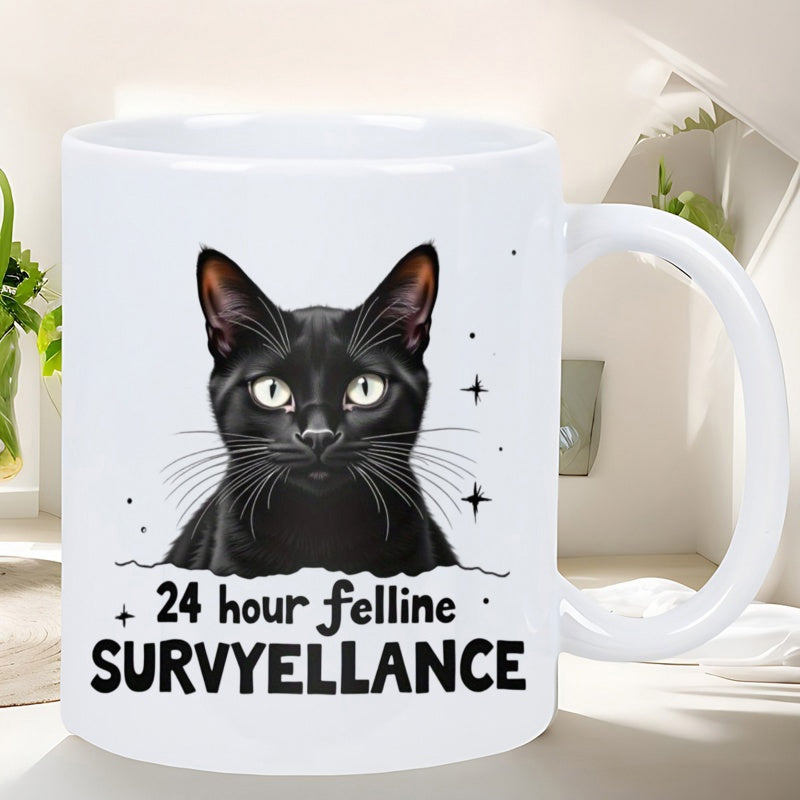 Tailorly White Ceramic 11 oz Mug - 24 Hour Feline Survyellance Realistic Black Cat With Glowing Eyes Among Tiny Sparkling Stars Cat