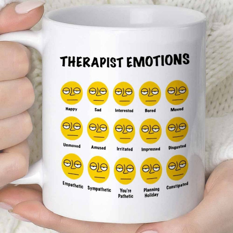 Tailorly White Ceramic 11 oz Mug - Therapist Emotions Fifteen Sarcastic Deadpan Yellow Faces Arranged Within A Neat Grid Sign
