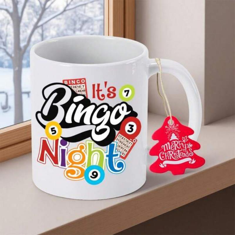 Tailorly White Ceramic 11 oz Mug - Its Bingo Night Colorful Game Balls And Vintage Style Cards For Social Fun Bingo
